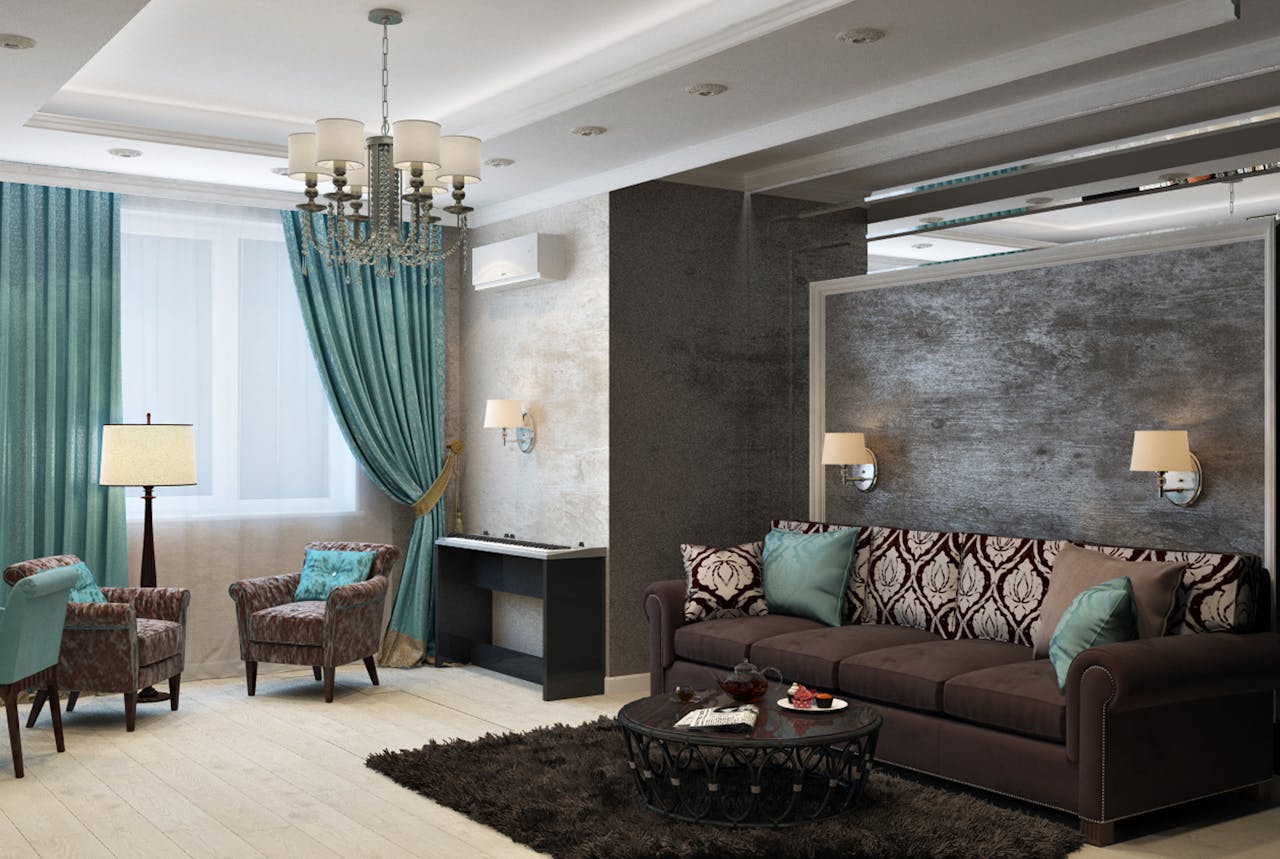 services-04 Luxurious modern living room with chandelier, sofa, armchairs, and stylish decor.
